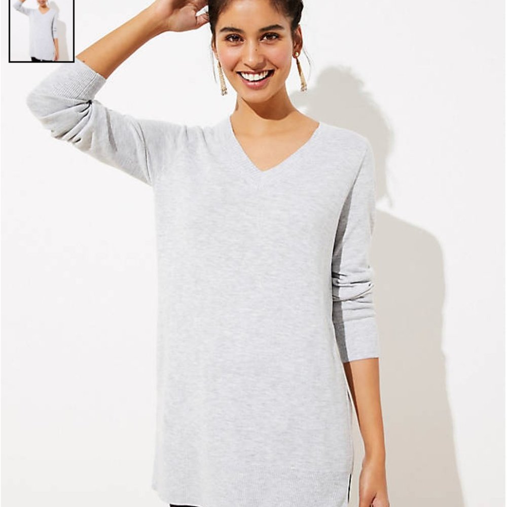 LOFT GREY LUXE KNIT V-NECK TUNIC SWEATER~New!~Med